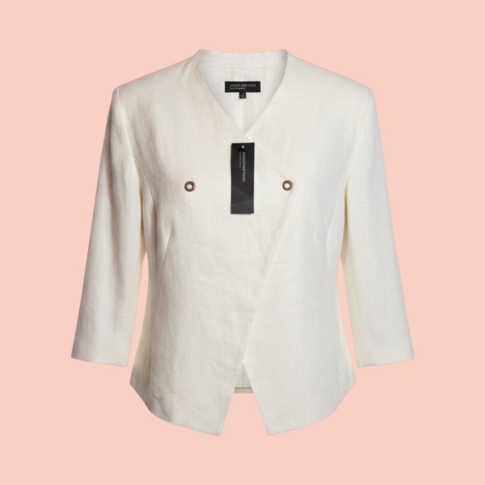 Jones New York Collection Women 16 White 100% Linen Collarless Blazer Jacket NWT